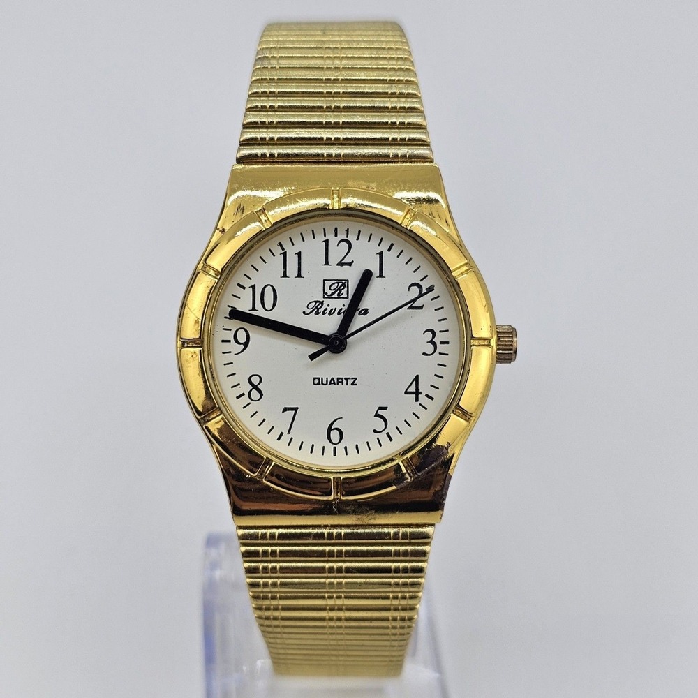 Riviera Watch Women‎ 32MM White Dial Gold Case Gold Bracelet Band New Battery